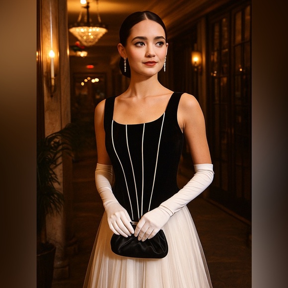 90s Zum Zum by Niki Livas velvet corset-look gown — black bodice tulle skirt - Picture 11 of 13